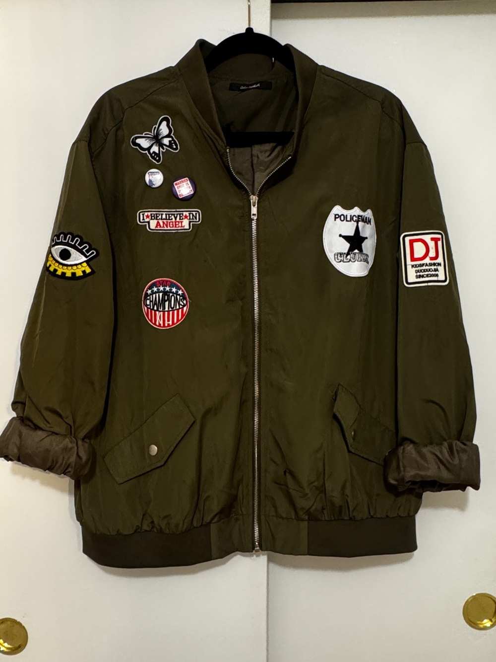 Embroidered Patch Olive Green Bomber Jacket by color swatch / SELF